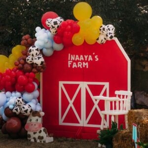 Red Barn Backdrop with Balloon Garland